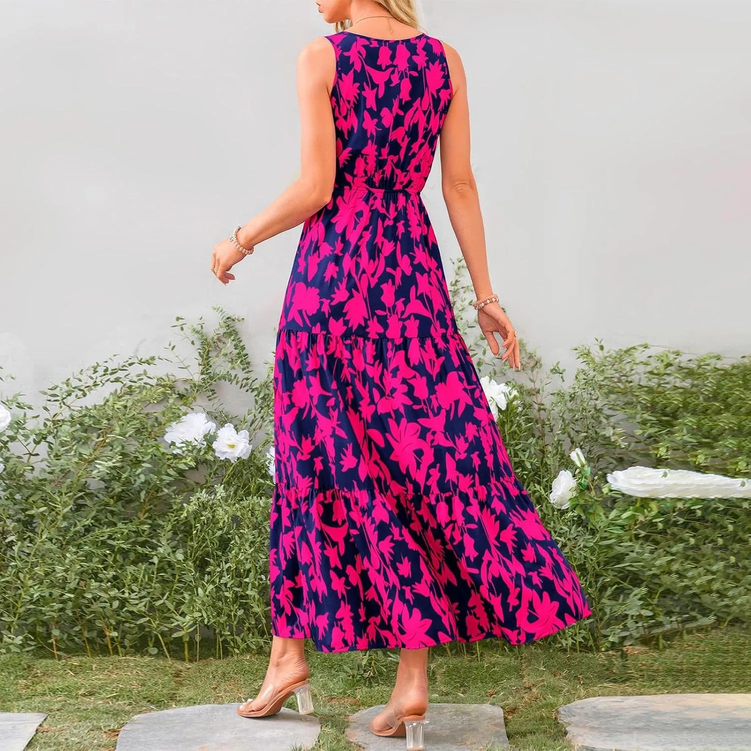 Womens Floral Maxi Dress V Neck Flowy Swing Summer A Line Dress Elastic Waist Sundress Elegant Wedding Guest Dresses