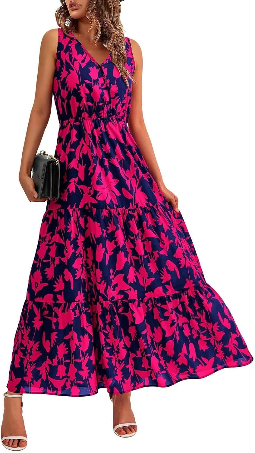 Womens Floral Maxi Dress V Neck Flowy Swing Summer A Line Dress Elastic Waist Sundress Elegant Wedding Guest Dresses