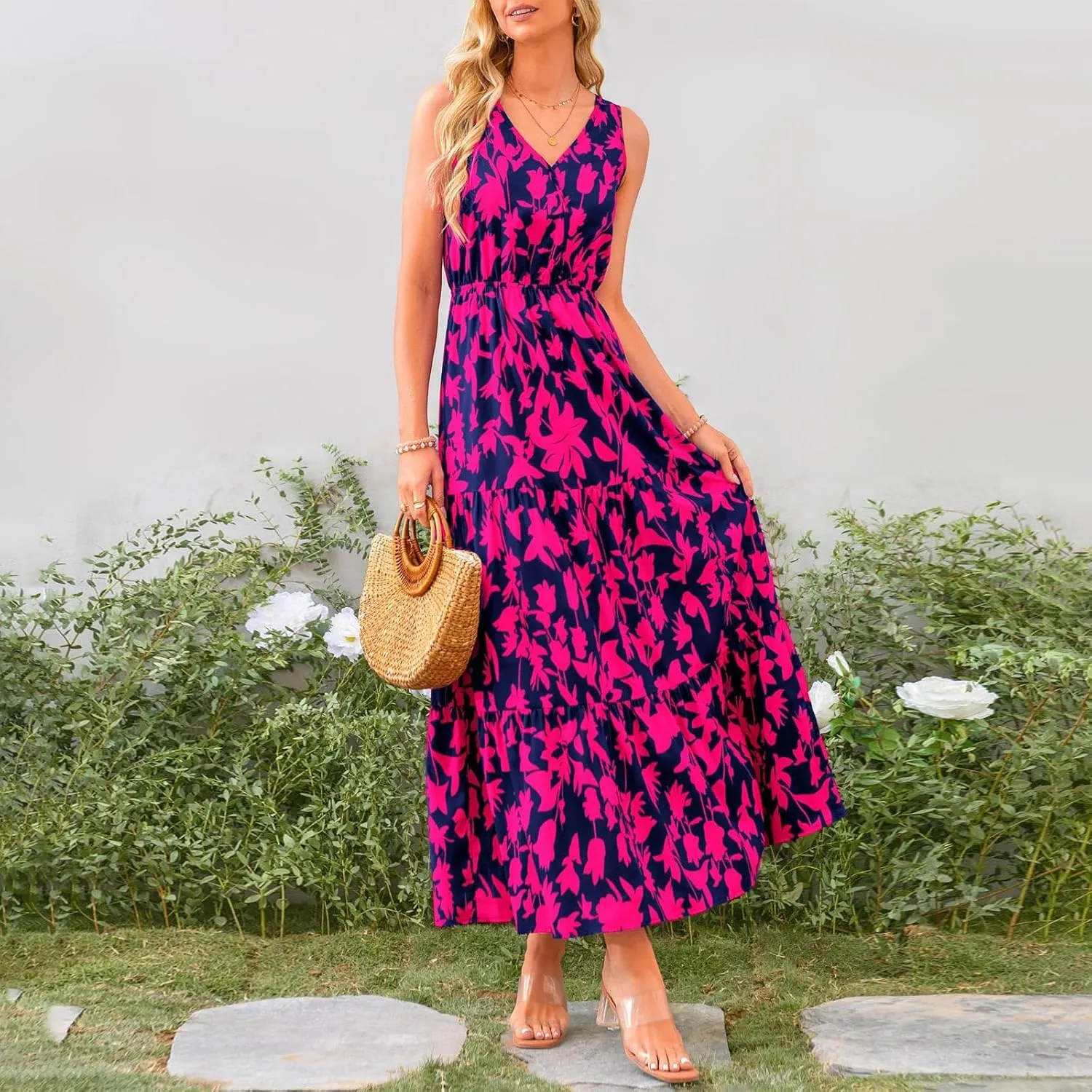 Womens Floral Maxi Dress V Neck Flowy Swing Summer A Line Dress Elastic Waist Sundress Elegant Wedding Guest Dresses