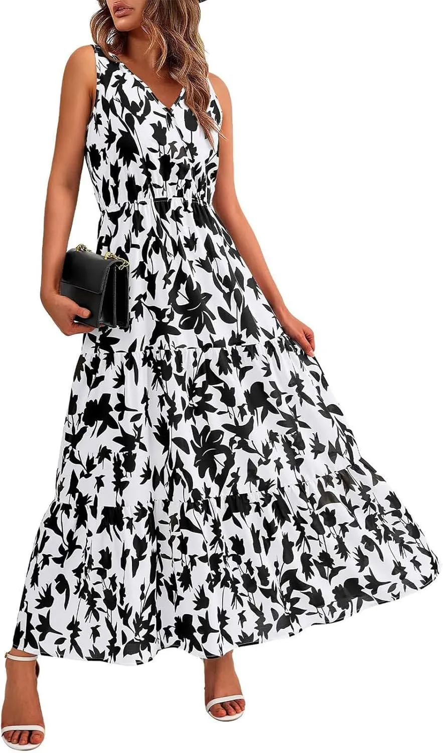 Womens Floral Maxi Dress V Neck Flowy Swing Summer A Line Dress Elastic Waist Sundress Elegant Wedding Guest Dresses
