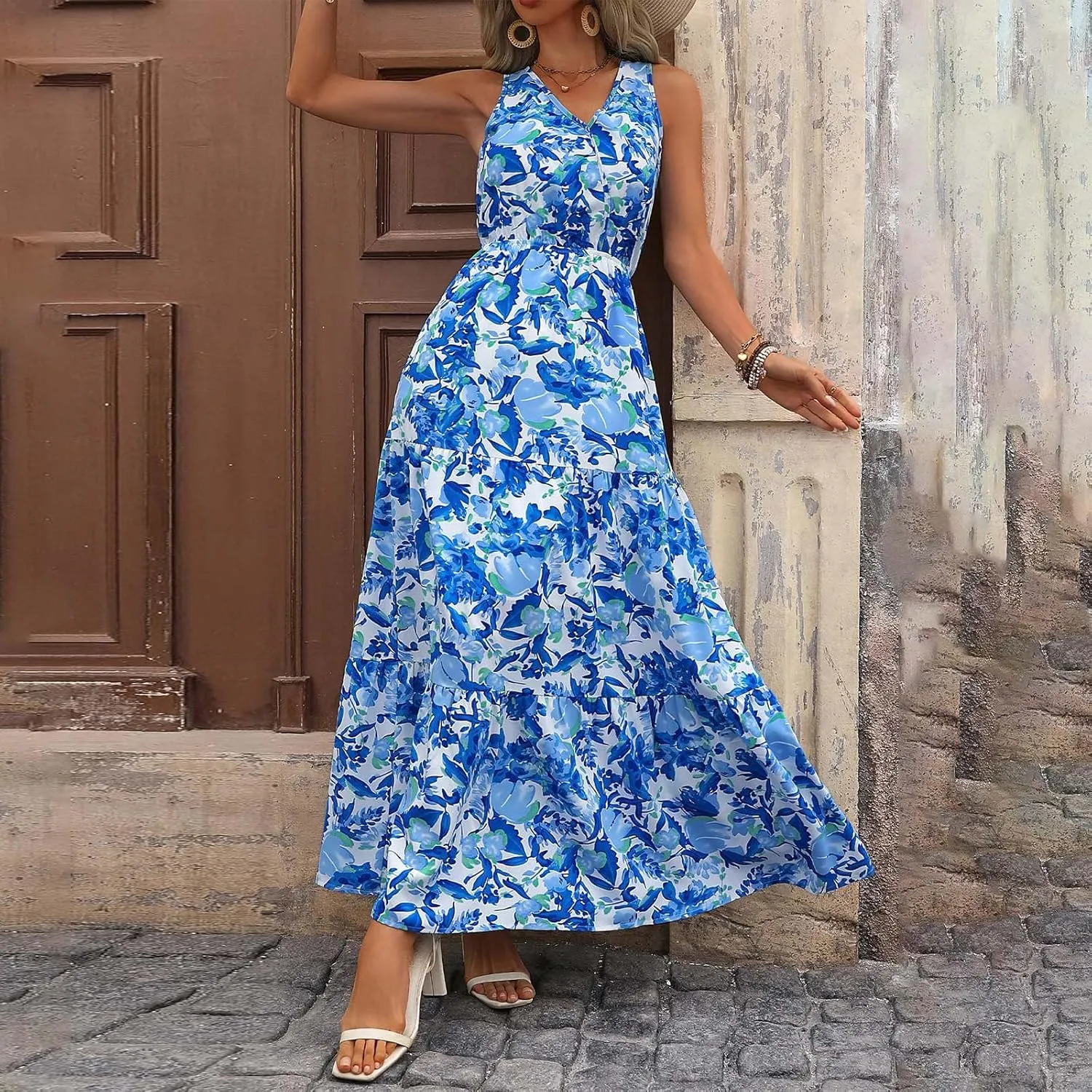 Womens Floral Maxi Dress V Neck Flowy Swing Summer A Line Dress Elastic Waist Sundress Elegant Wedding Guest Dresses
