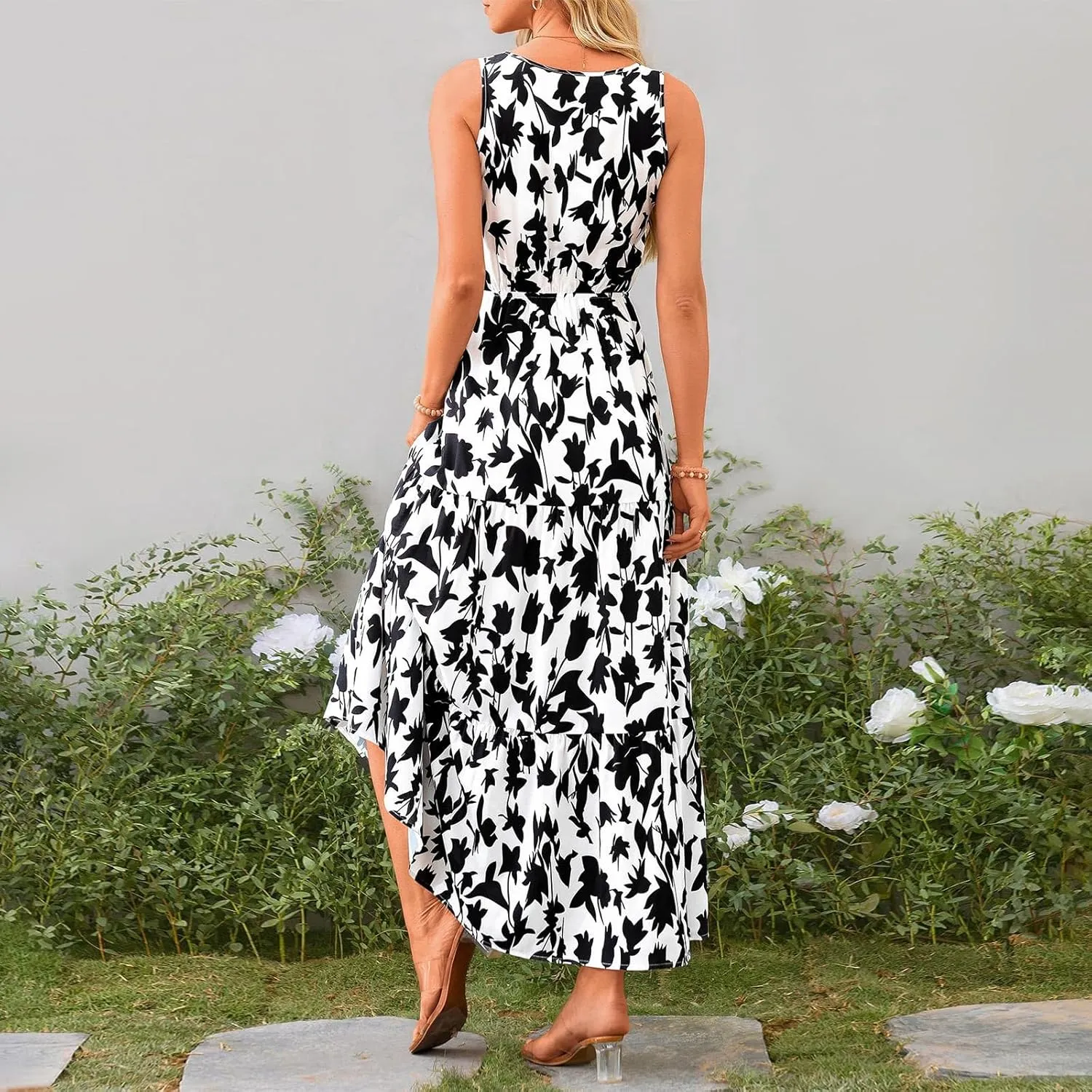Womens Floral Maxi Dress V Neck Flowy Swing Summer A Line Dress Elastic Waist Sundress Elegant Wedding Guest Dresses