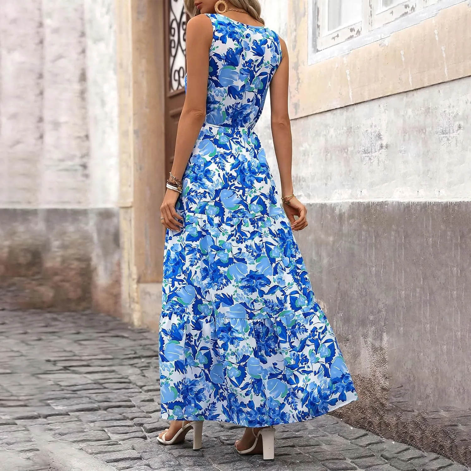 Womens Floral Maxi Dress V Neck Flowy Swing Summer A Line Dress Elastic Waist Sundress Elegant Wedding Guest Dresses
