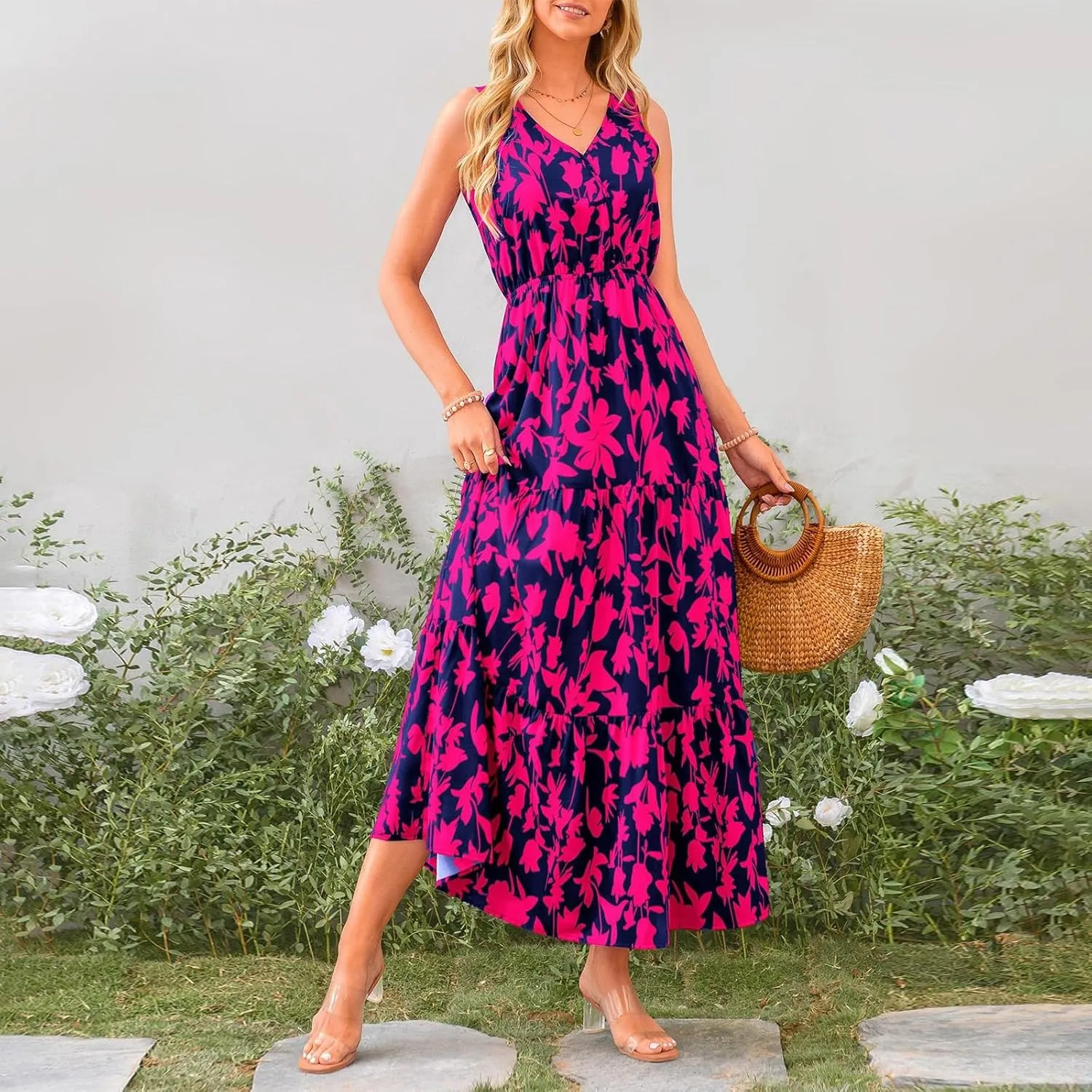 Womens Floral Maxi Dress V Neck Flowy Swing Summer A Line Dress Elastic Waist Sundress Elegant Wedding Guest Dresses
