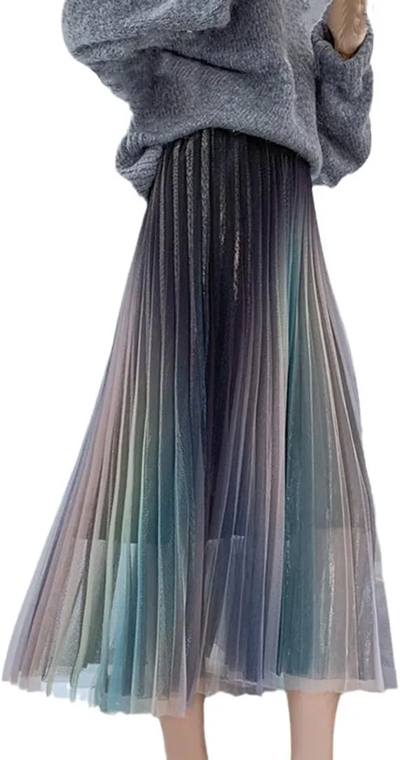 Women's Gradient Color Tulle Skirt, Ladies High Waist Pleated Mesh Midi A-Line Skirts