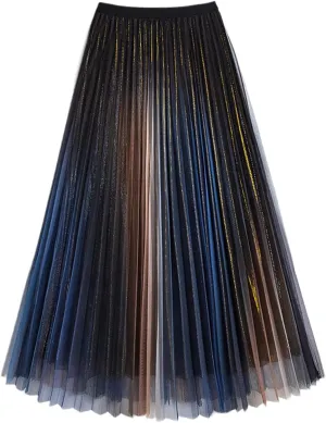 Women's Gradient Color Tulle Skirt, Ladies High Waist Pleated Mesh Midi A-Line Skirts