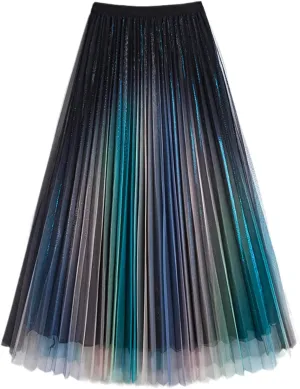 Women's Gradient Color Tulle Skirt, Ladies High Waist Pleated Mesh Midi A-Line Skirts