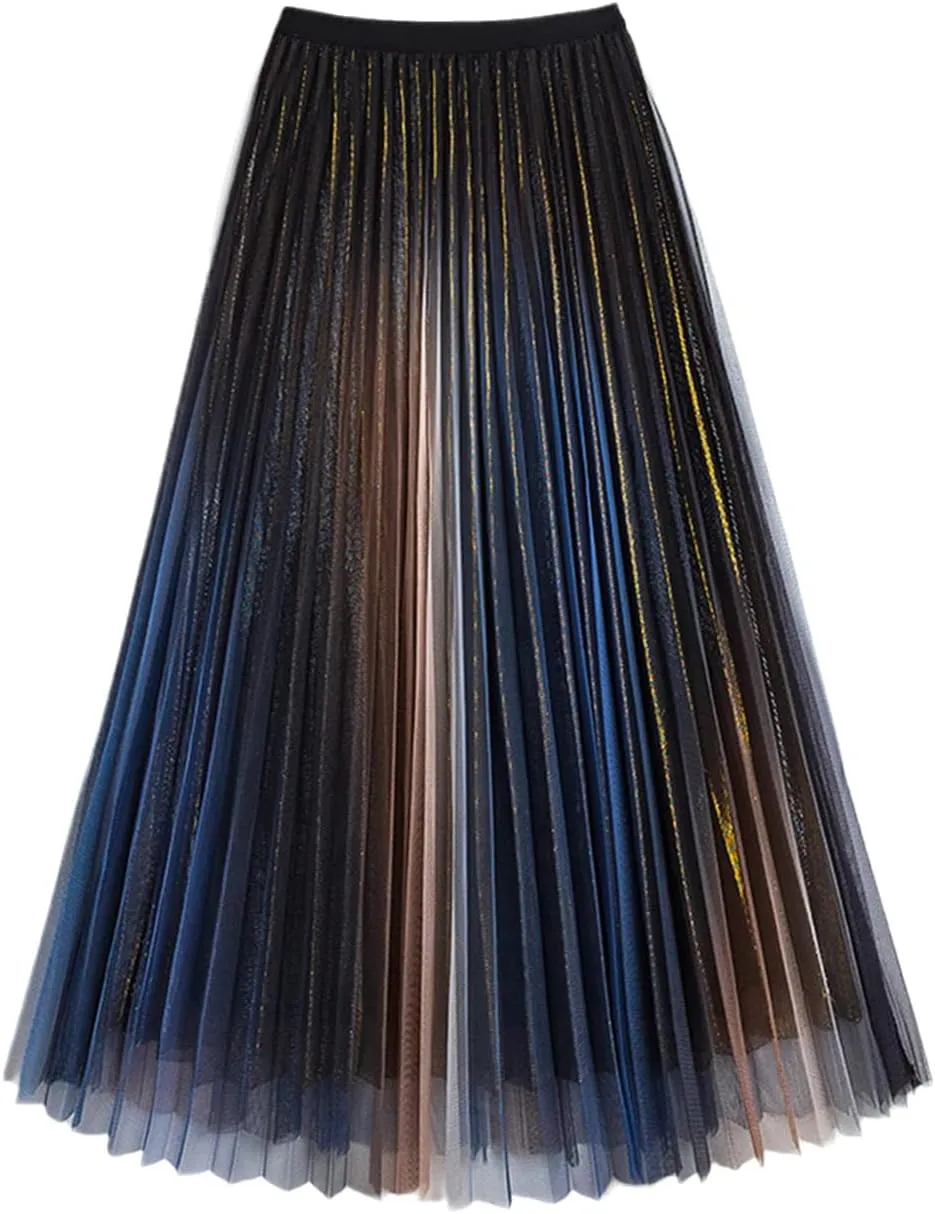 Women's Gradient Color Tulle Skirt, Ladies High Waist Pleated Mesh Midi A-Line Skirts