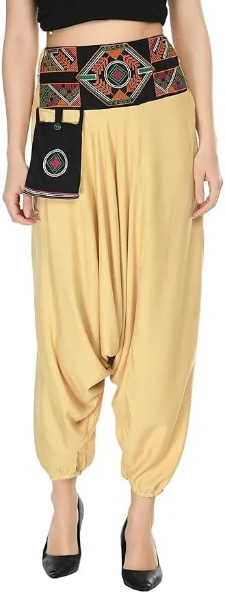 Women's Harem Pants, Black Rayon with Tribal Embroidered Waistband, Drop Crotch Style