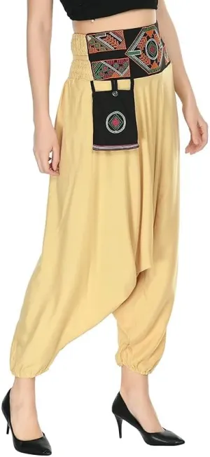 Women's Harem Pants, Black Rayon with Tribal Embroidered Waistband, Drop Crotch Style