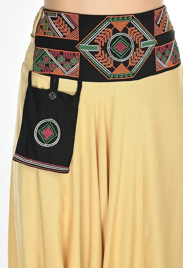 Women's Harem Pants, Black Rayon with Tribal Embroidered Waistband, Drop Crotch Style