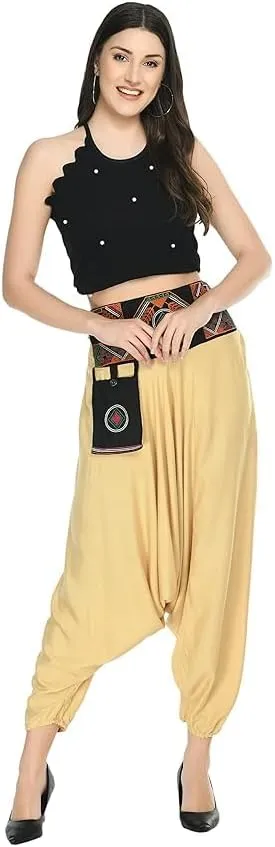 Women's Harem Pants, Black Rayon with Tribal Embroidered Waistband, Drop Crotch Style
