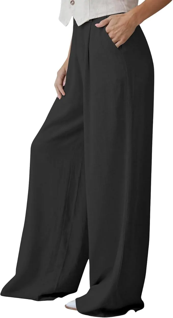 Womens High Waist Drape Button Wide-Leg Pants Casual Dress Trendy Office Work Palazzo Trousers Loose Stretch Pant