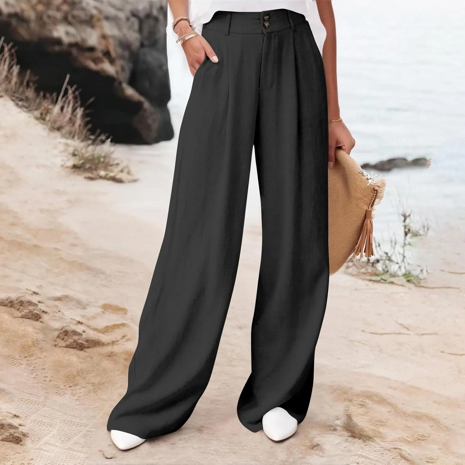 Womens High Waist Drape Button Wide-Leg Pants Casual Dress Trendy Office Work Palazzo Trousers Loose Stretch Pant