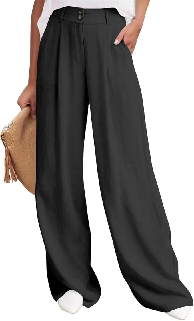Womens High Waist Drape Button Wide-Leg Pants Casual Dress Trendy Office Work Palazzo Trousers Loose Stretch Pant