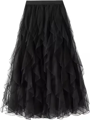 Women's High Waist Tulle Skirt Casual Layered Puffy Pleated Skirt Midi Length A-Line Trendy Tiered Skirt