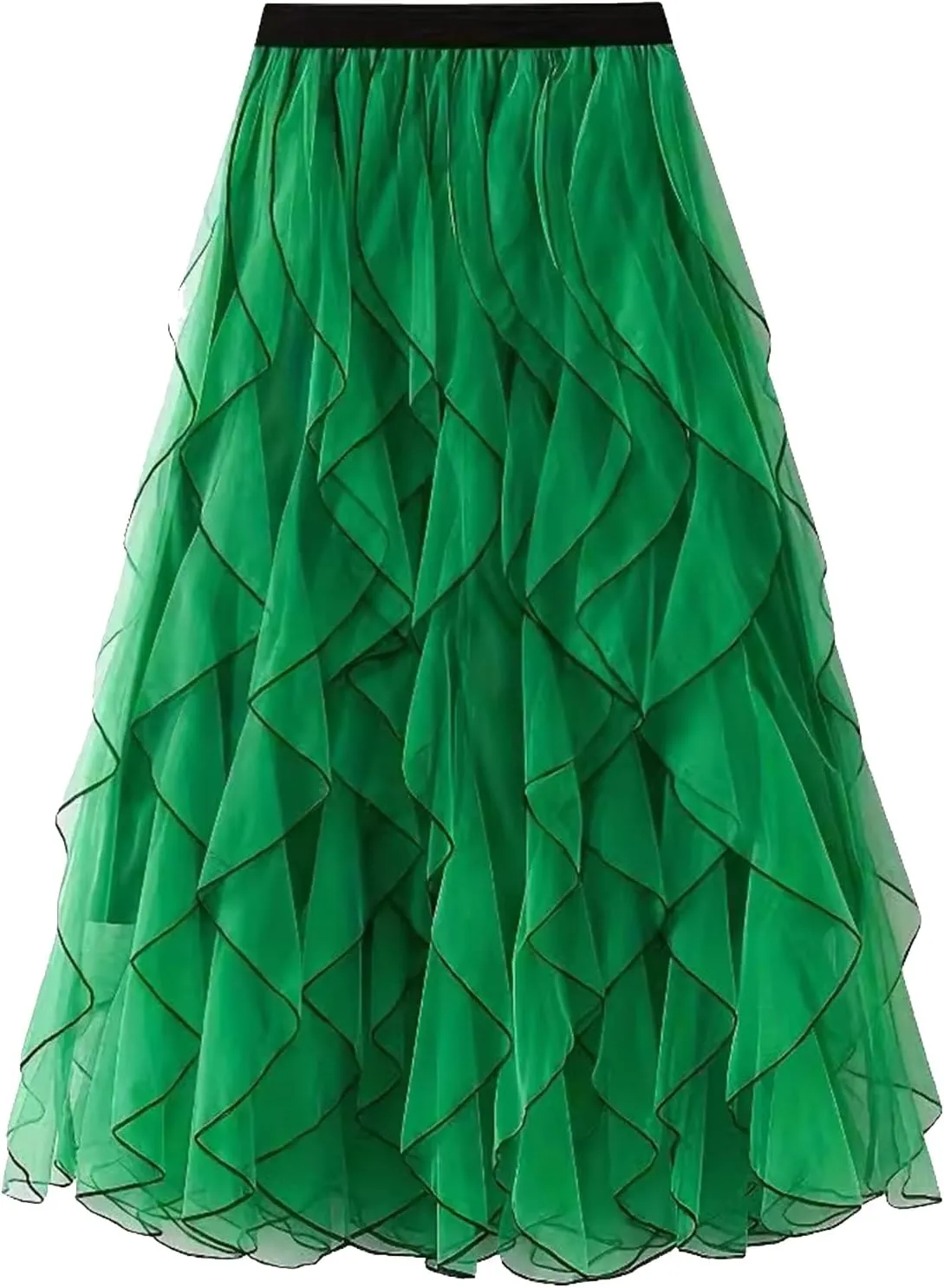Women's High Waist Tulle Skirt Casual Layered Puffy Pleated Skirt Midi Length A-Line Trendy Tiered Skirt
