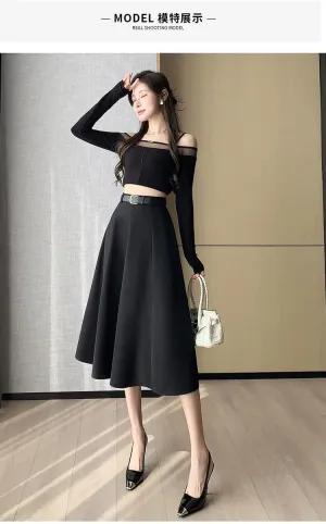 Women's high Waisted Long Skirt, Retro Fashion Elastic Casual A-line Skirt, Solid Color Belt Pleated Skirt.