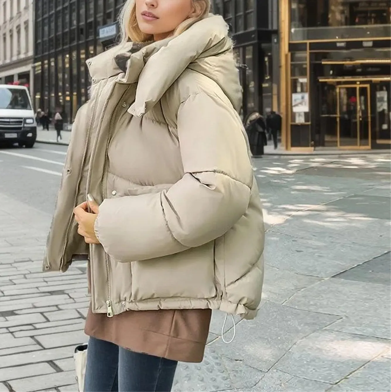Women's Hooded Stand Collar Cotton-Padded Jacket Casual Short Pocket Button Parka Coat