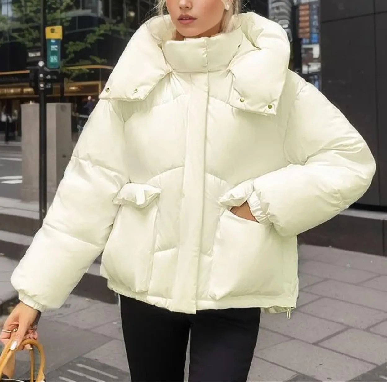 Women's Hooded Stand Collar Cotton-Padded Jacket Casual Short Pocket Button Parka Coat