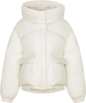 Women's Hooded Stand Collar Cotton-Padded Jacket Casual Short Pocket Button Parka Coat