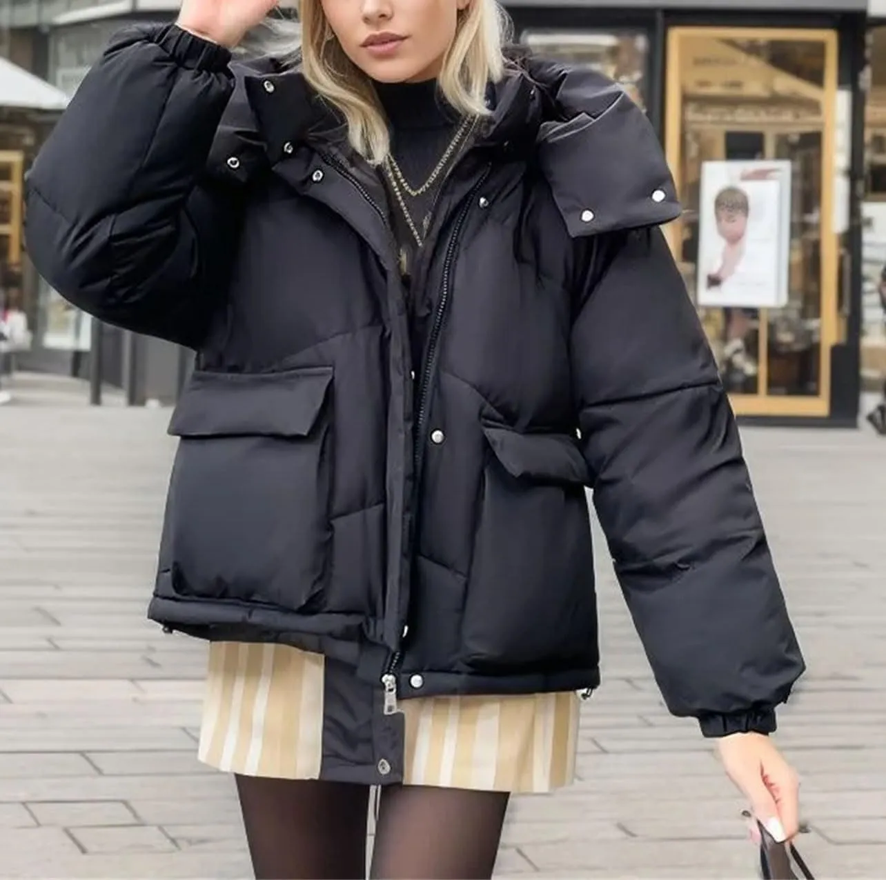 Women's Hooded Stand Collar Cotton-Padded Jacket Casual Short Pocket Button Parka Coat