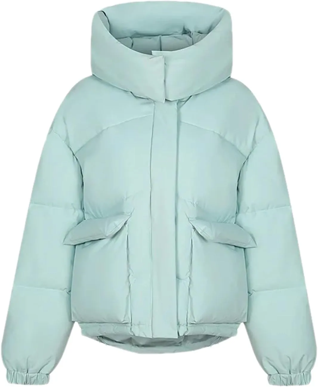 Women's Hooded Stand Collar Cotton-Padded Jacket Casual Short Pocket Button Parka Coat
