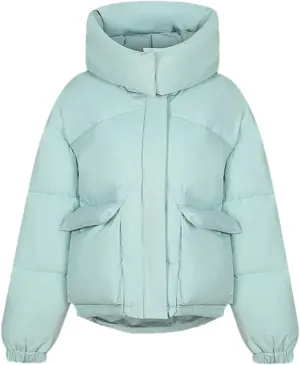 Women's Hooded Stand Collar Cotton-Padded Jacket Casual Short Pocket Button Parka Coat