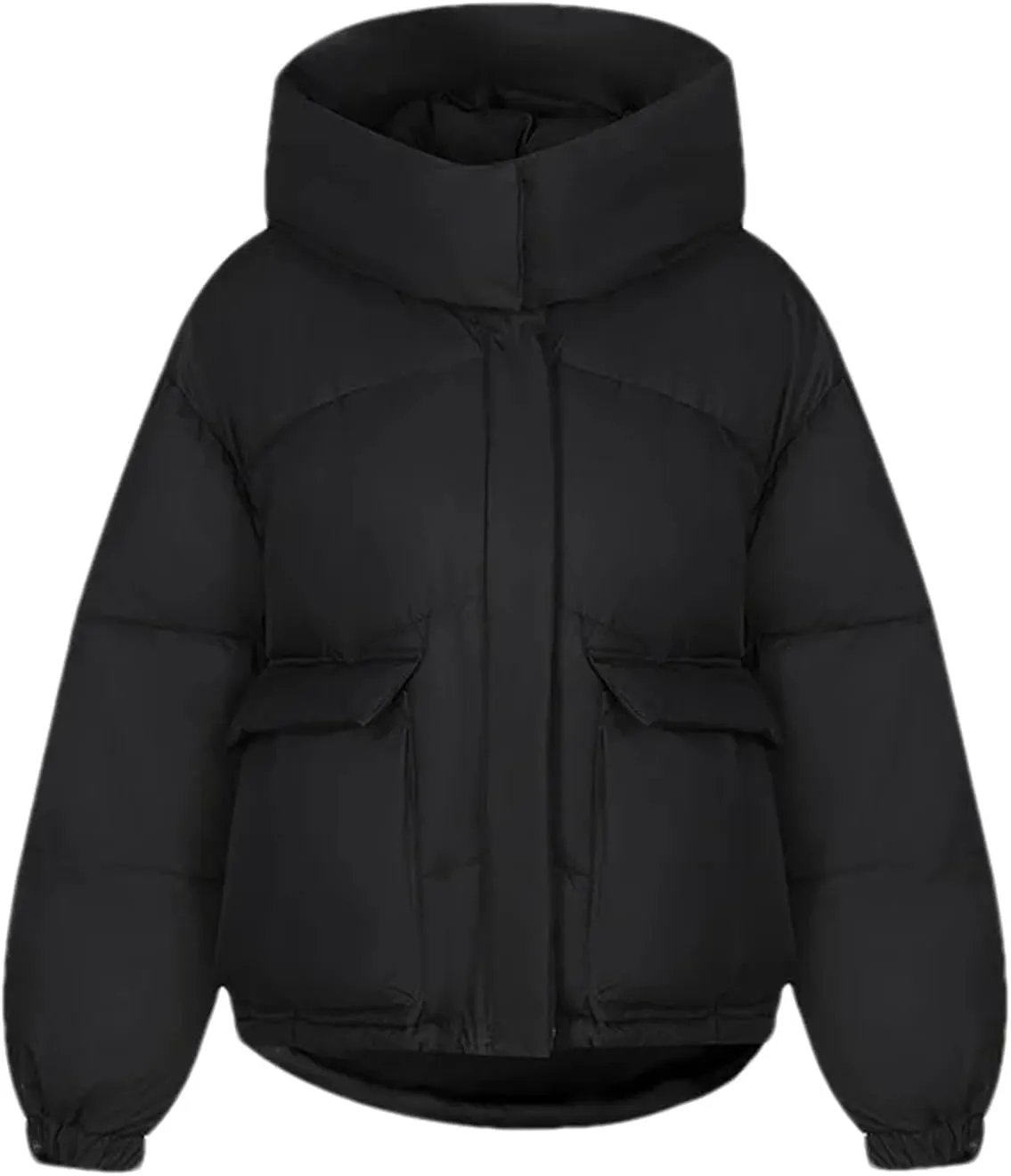 Women's Hooded Stand Collar Cotton-Padded Jacket Casual Short Pocket Button Parka Coat