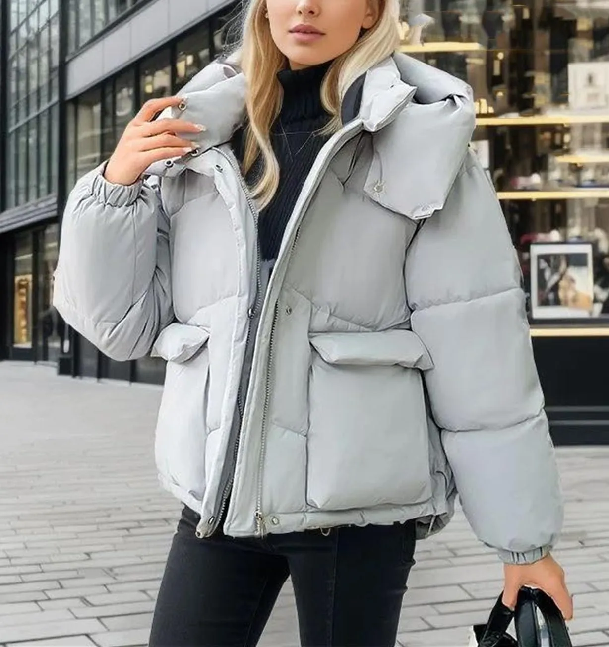 Women's Hooded Stand Collar Cotton-Padded Jacket Casual Short Pocket Button Parka Coat