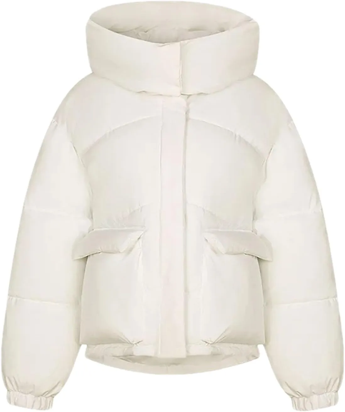 Women's Hooded Stand Collar Cotton-Padded Jacket Casual Short Pocket Button Parka Coat