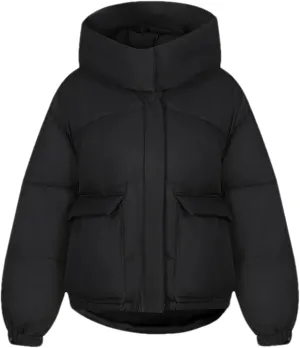 Women's Hooded Stand Collar Cotton-Padded Jacket Casual Short Pocket Button Parka Coat