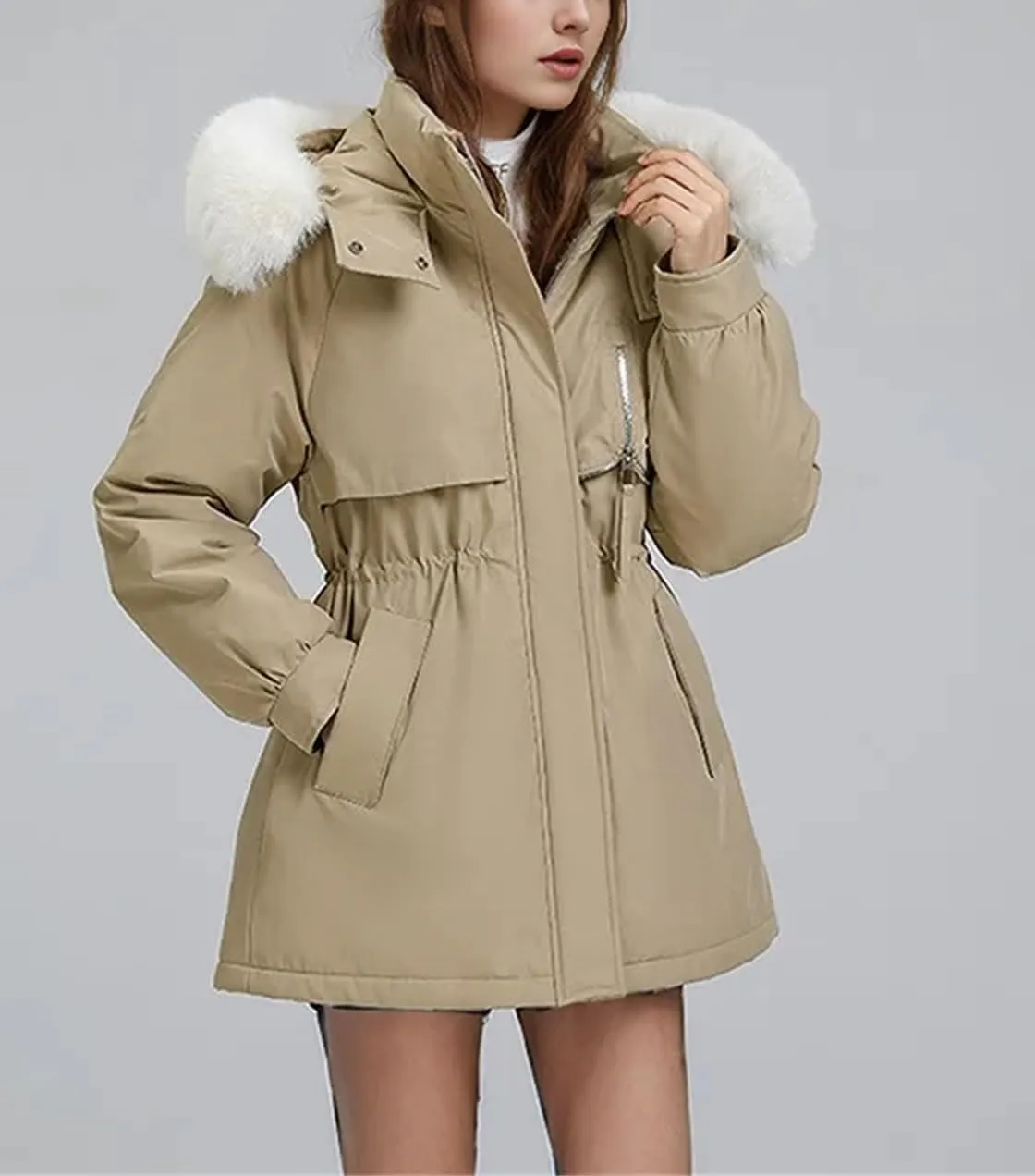 Women's Hooded Stand Collar Cotton-Padded Jacket Thicken Casual Drawstring Parka Coat