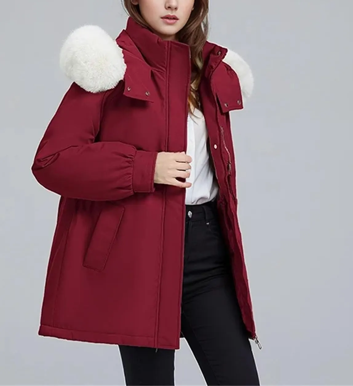 Women's Hooded Stand Collar Cotton-Padded Jacket Thicken Casual Drawstring Parka Coat