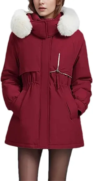 Women's Hooded Stand Collar Cotton-Padded Jacket Thicken Casual Drawstring Parka Coat