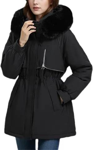 Women's Hooded Stand Collar Cotton-Padded Jacket Thicken Casual Drawstring Parka Coat