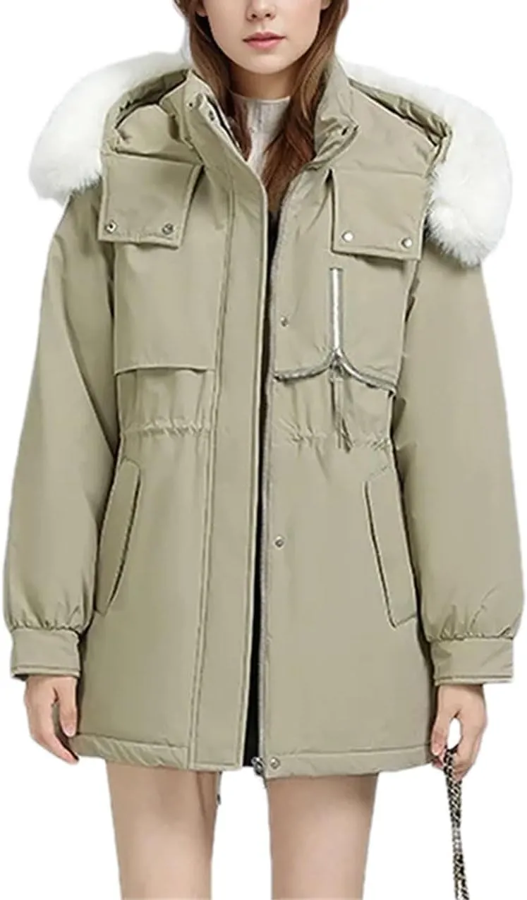 Women's Hooded Stand Collar Cotton-Padded Jacket Thicken Casual Drawstring Parka Coat