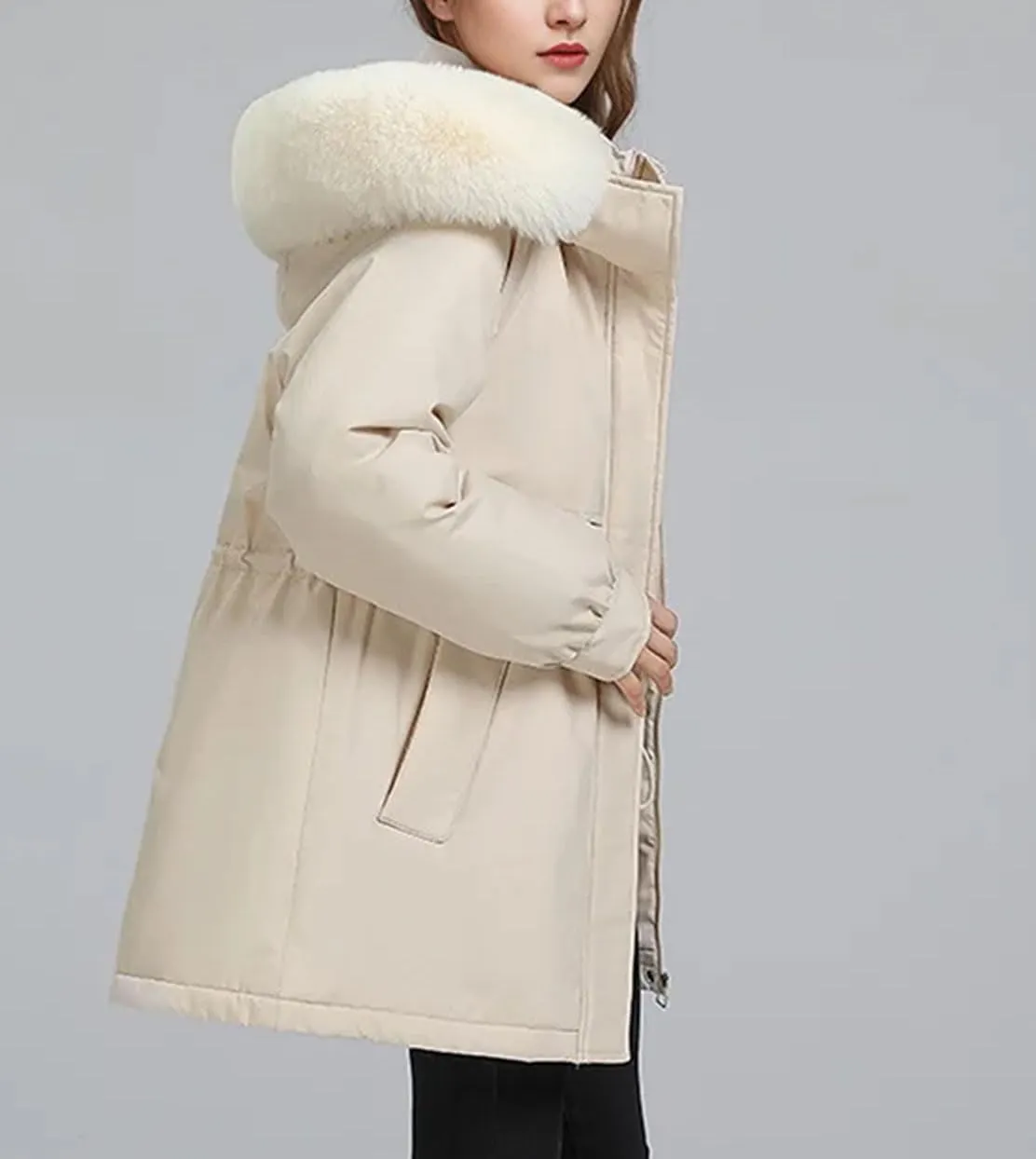 Women's Hooded Stand Collar Cotton-Padded Jacket Thicken Casual Drawstring Parka Coat