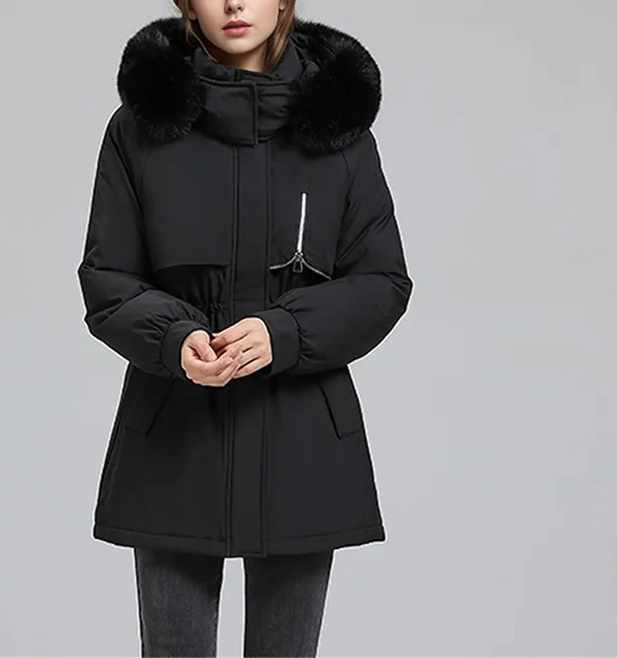 Women's Hooded Stand Collar Cotton-Padded Jacket Thicken Casual Drawstring Parka Coat