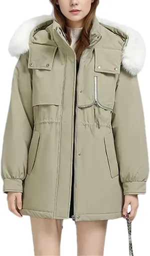 Women's Hooded Stand Collar Cotton-Padded Jacket Thicken Casual Drawstring Parka Coat