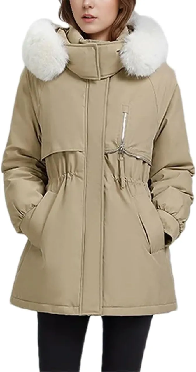 Women's Hooded Stand Collar Cotton-Padded Jacket Thicken Casual Drawstring Parka Coat