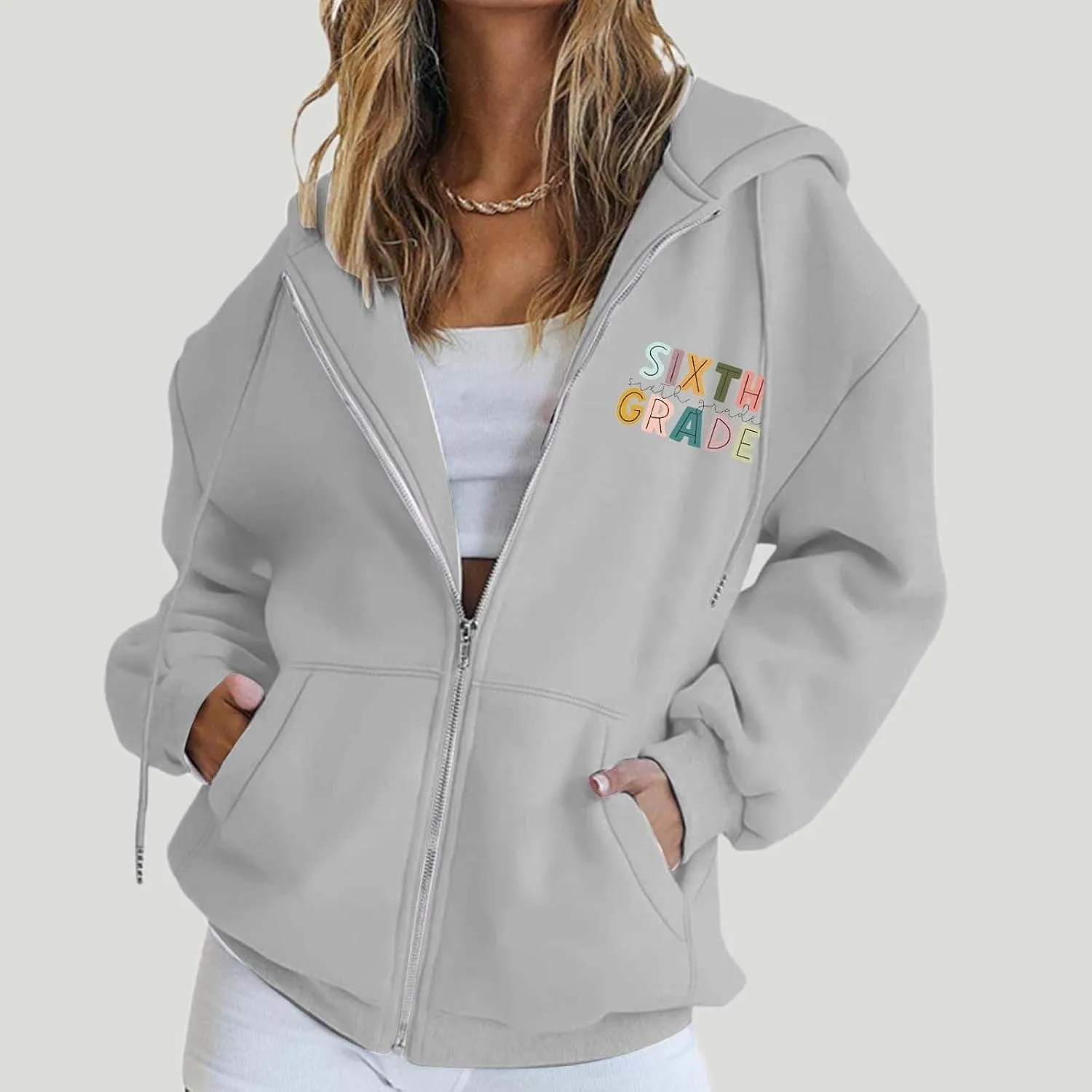 Womens Hoodies Letter Print Drawstring Long Sleeve Hooded Sweatshirt Autumn Casual Coat Zip Up Jackets with Pocketes