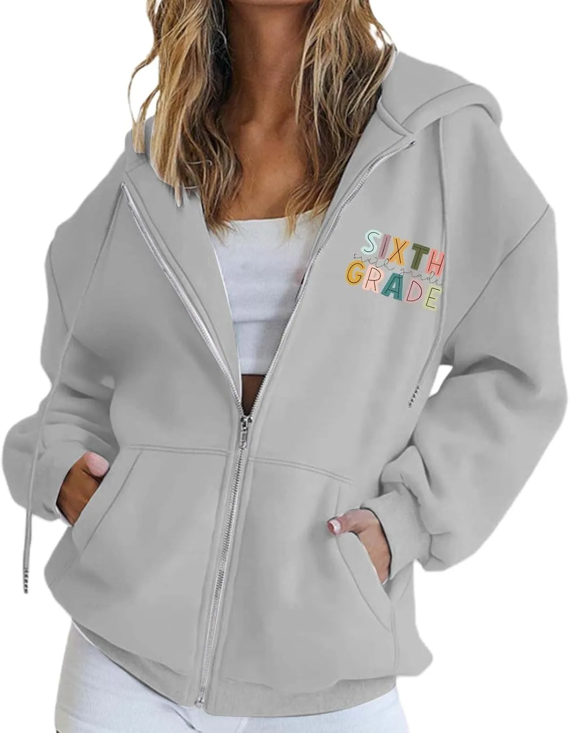 Womens Hoodies Letter Print Drawstring Long Sleeve Hooded Sweatshirt Autumn Casual Coat Zip Up Jackets with Pocketes