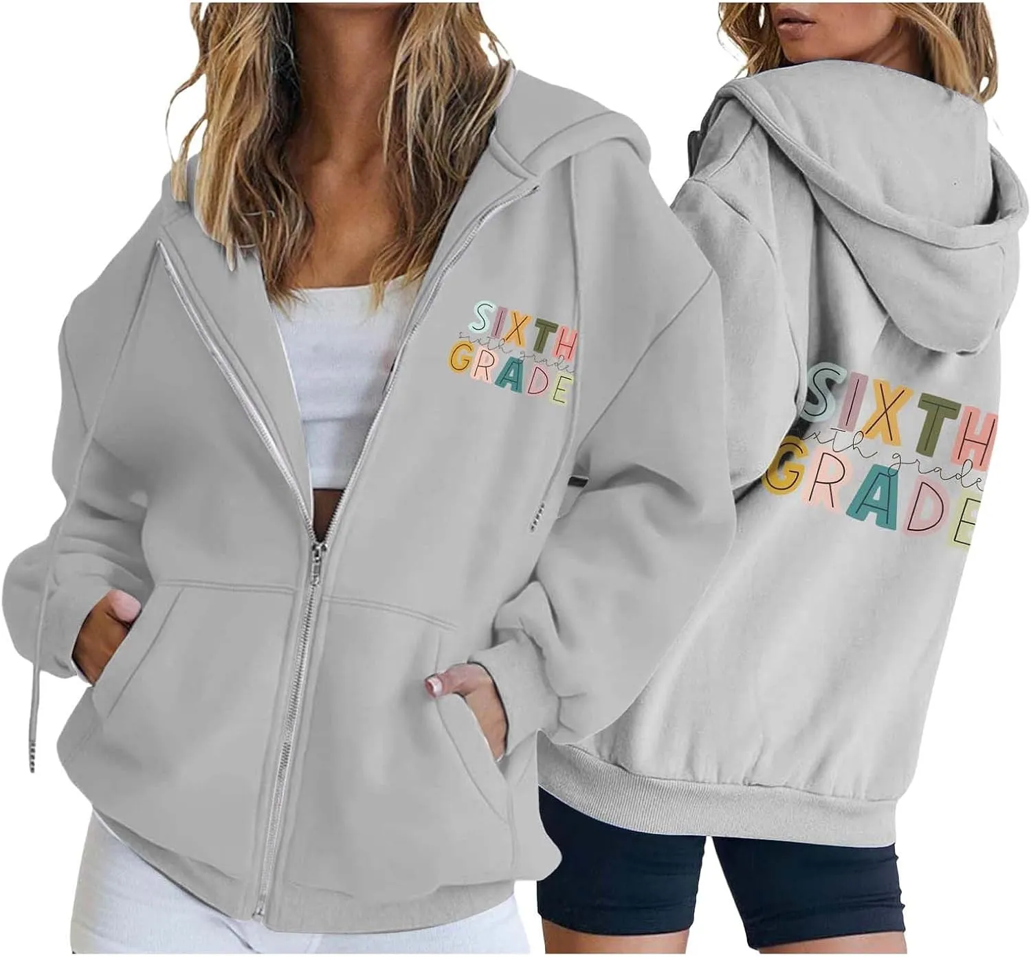 Womens Hoodies Letter Print Drawstring Long Sleeve Hooded Sweatshirt Autumn Casual Coat Zip Up Jackets with Pocketes