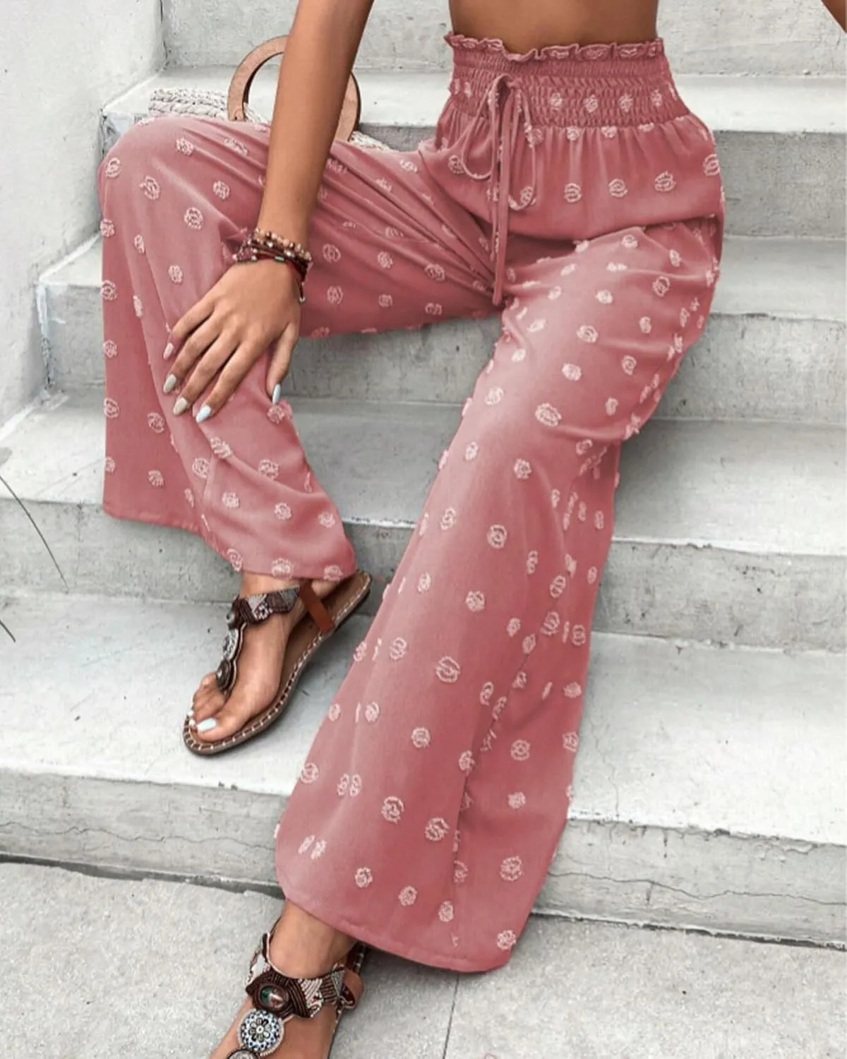 Women's Jacquard Wide Leg Pants with Pockets 2025 Spring Elegant High Waist Adjustable Knot Casual Loose Trousers