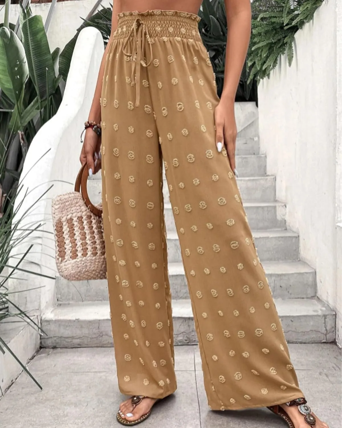 Women's Jacquard Wide Leg Pants with Pockets 2025 Spring Elegant High Waist Adjustable Knot Casual Loose Trousers
