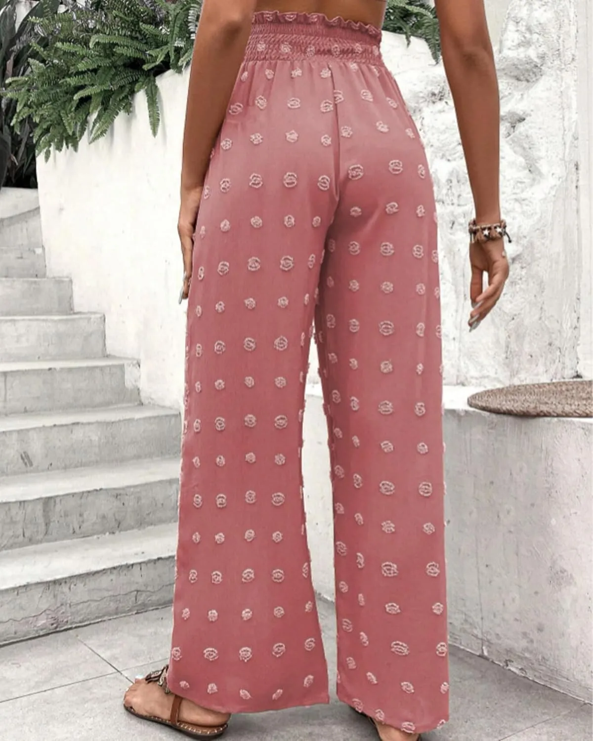 Women's Jacquard Wide Leg Pants with Pockets 2025 Spring Elegant High Waist Adjustable Knot Casual Loose Trousers