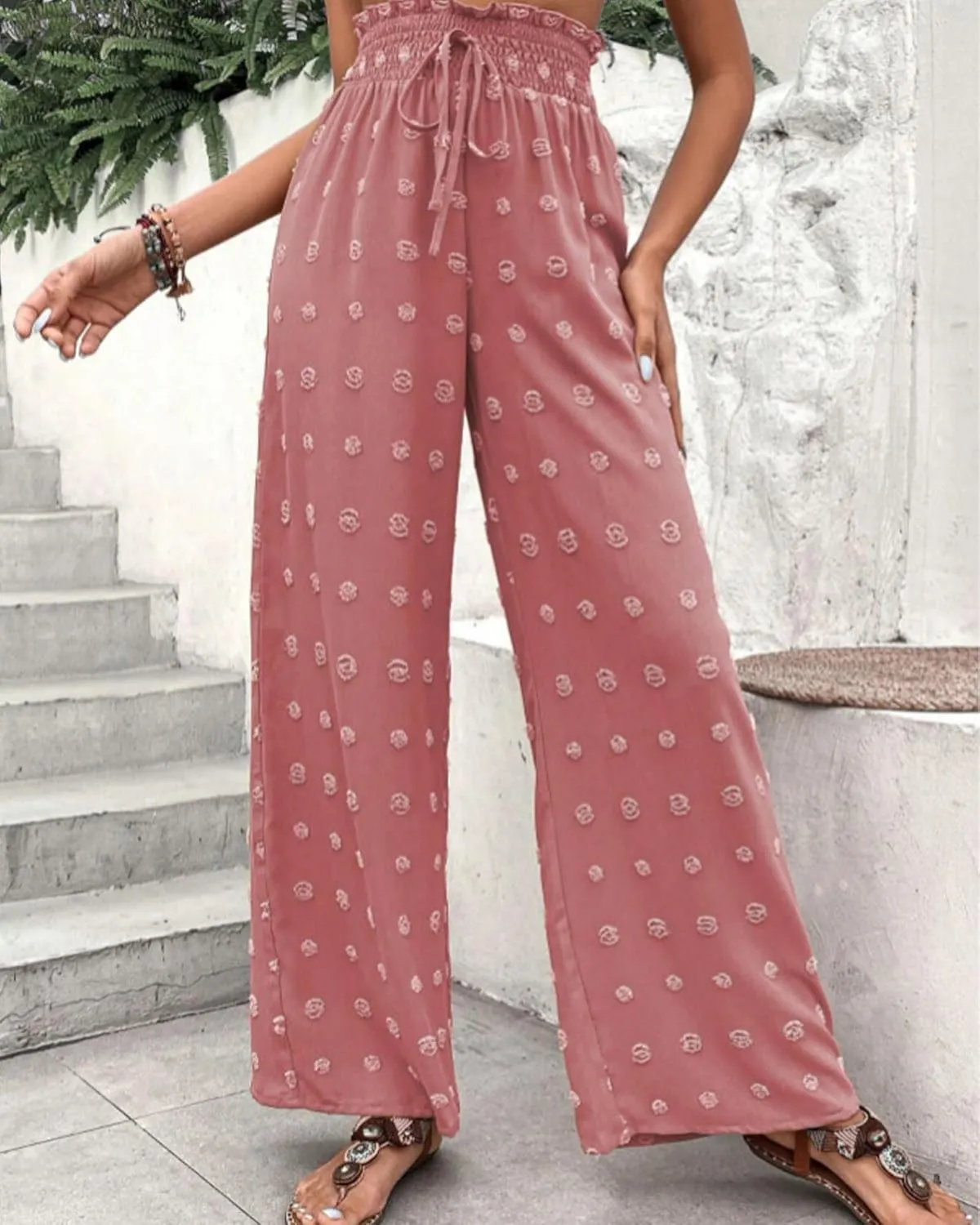 Women's Jacquard Wide Leg Pants with Pockets 2025 Spring Elegant High Waist Adjustable Knot Casual Loose Trousers