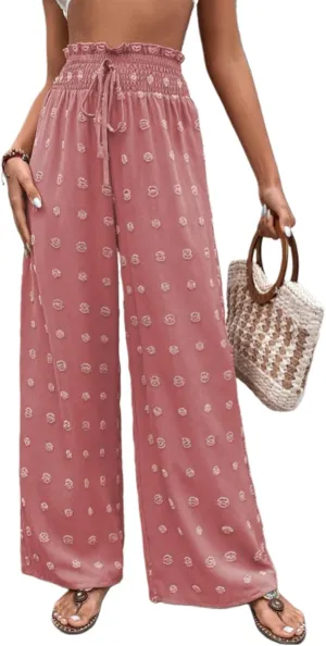 Women's Jacquard Wide Leg Pants with Pockets 2025 Spring Elegant High Waist Adjustable Knot Casual Loose Trousers