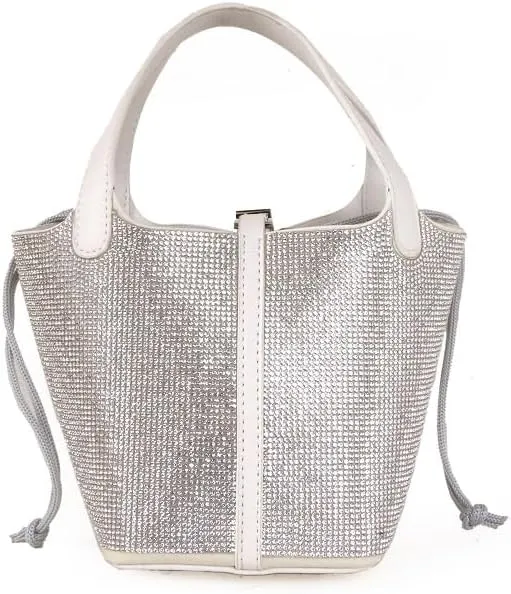 Women's Leather Bucket Bag Sparkling Rhinestone Leather Handbag Lock Design Top-handle Purses Shoulder Handbag
